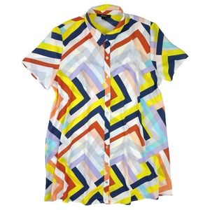 FOREVER 21 Sz Large Semi Sheer Tunic Button Blouse Short Sleeve Geometric Stripe